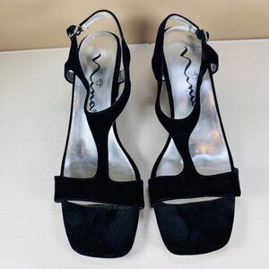 Nina Black Velvet T-Strap Block Heel Sandals- Size 10M